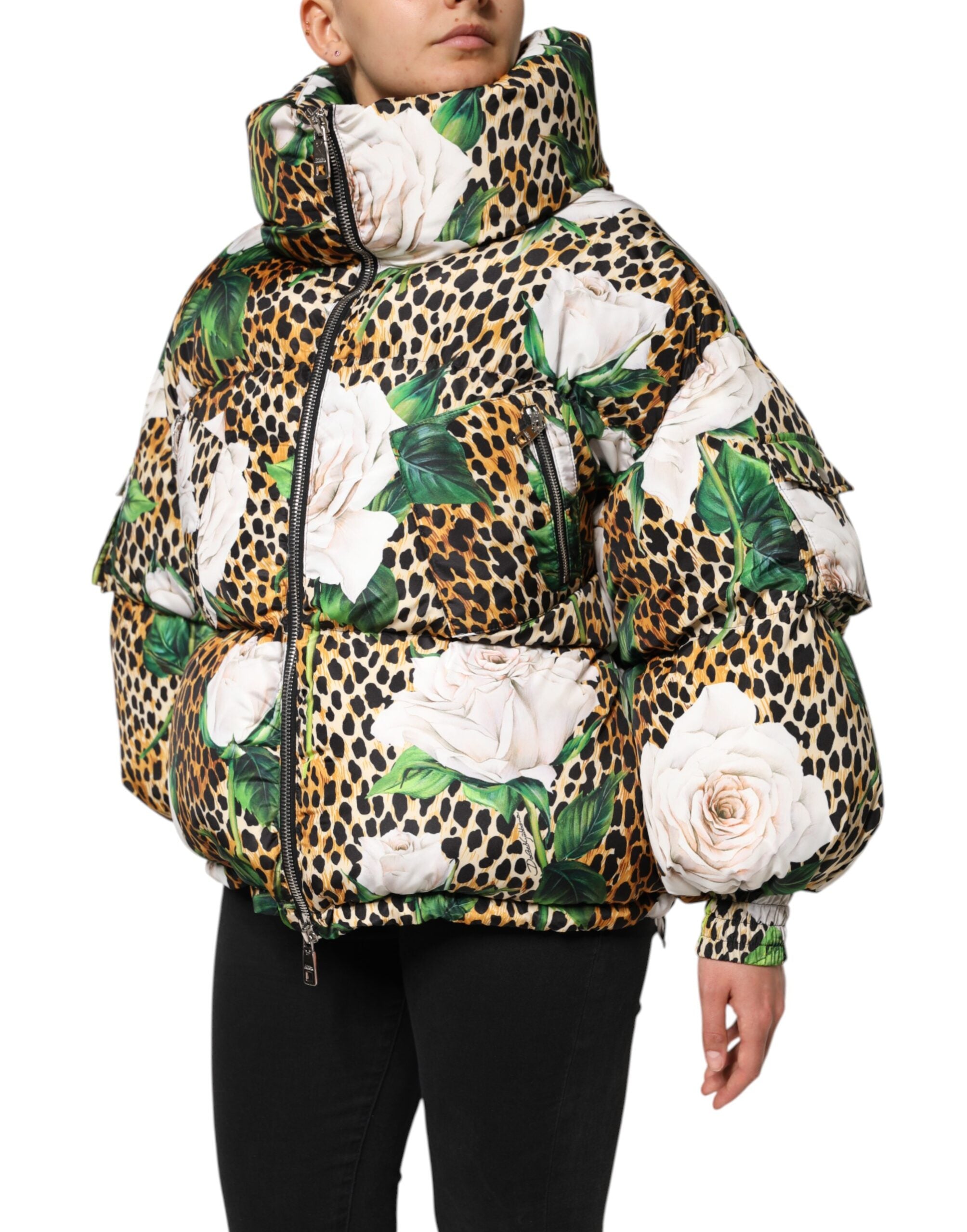 Dolce & Gabbana Multicolor Leopard Rose Puffer Steppjacke