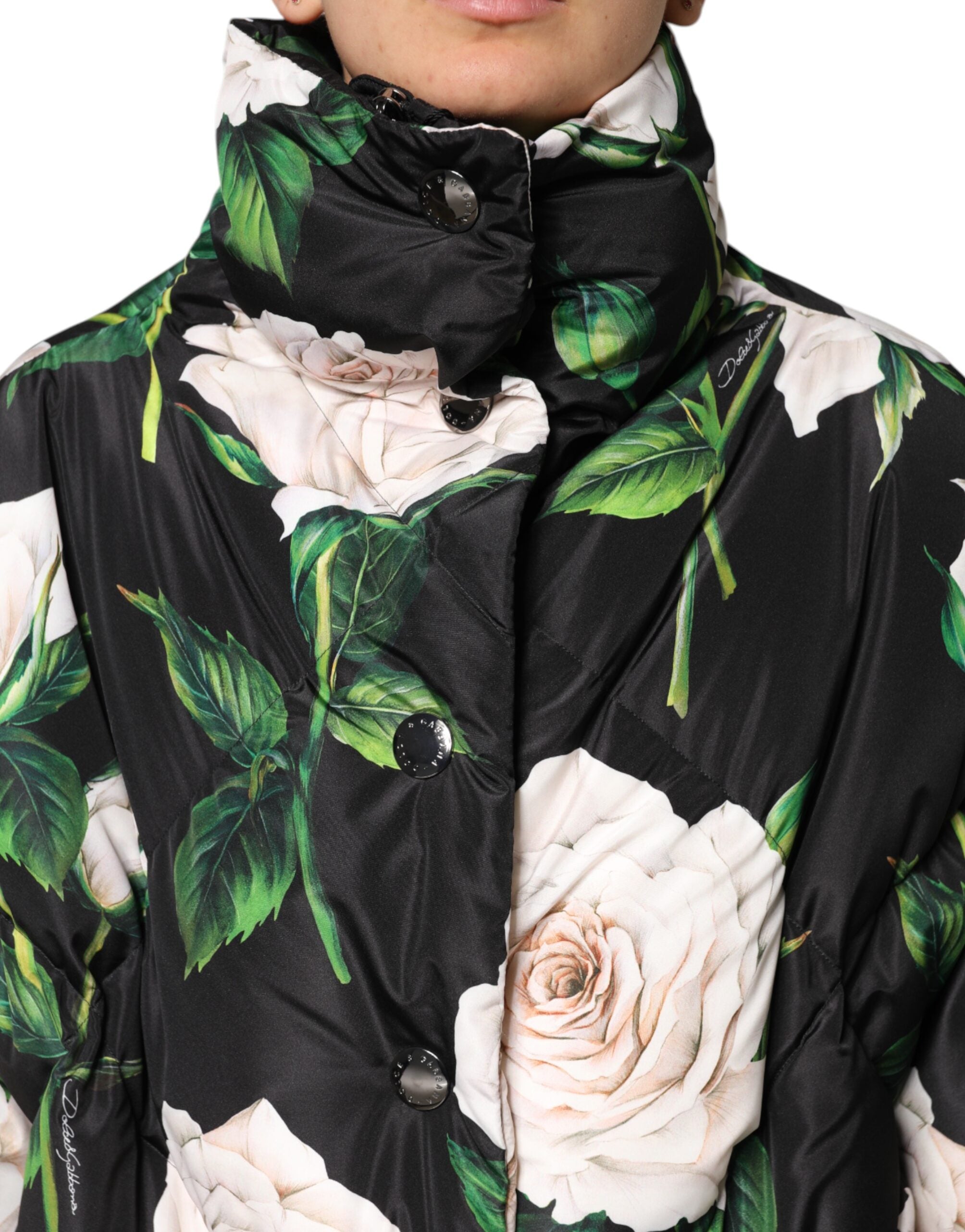 Dolce & Gabbana Schwarze gesteppte Jacke mit Blumendruck