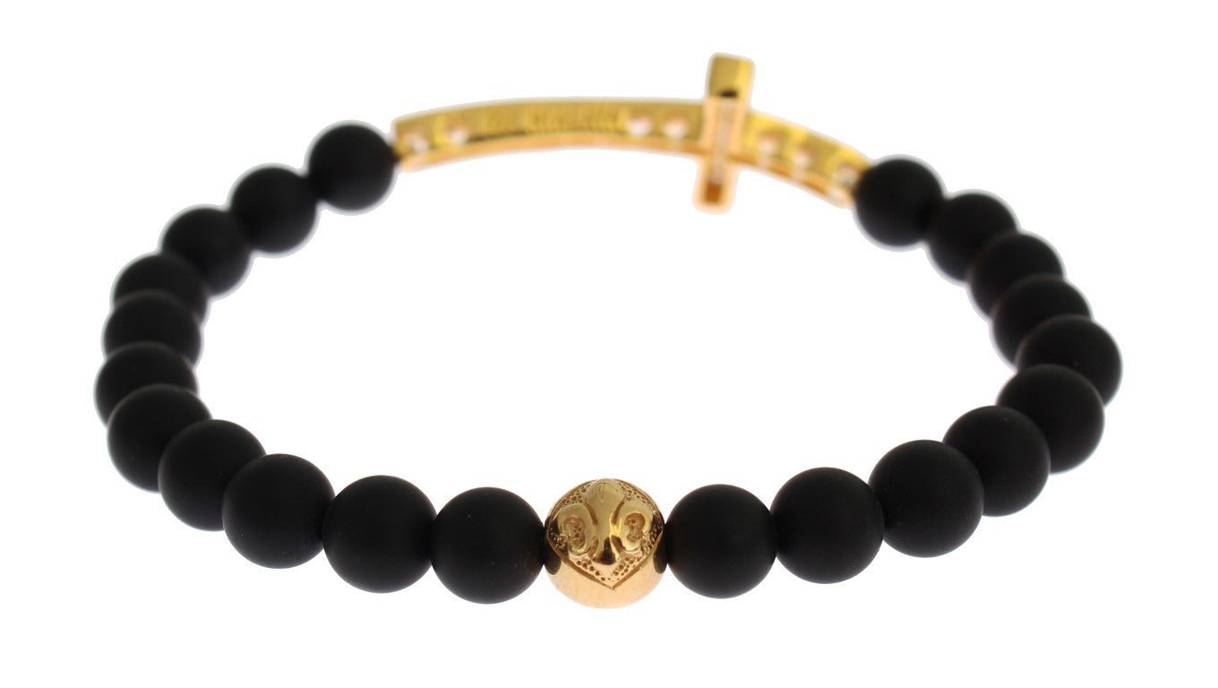 Nialaya Mattes Onyx Stein Gold CZ Kreuz 925 Silber Armband