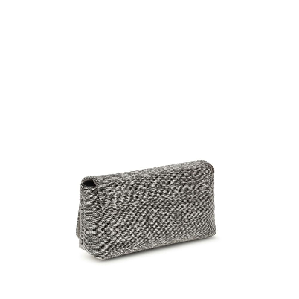 Brunello Cucinelli Grau-Weiße Leder-Umhängetasche