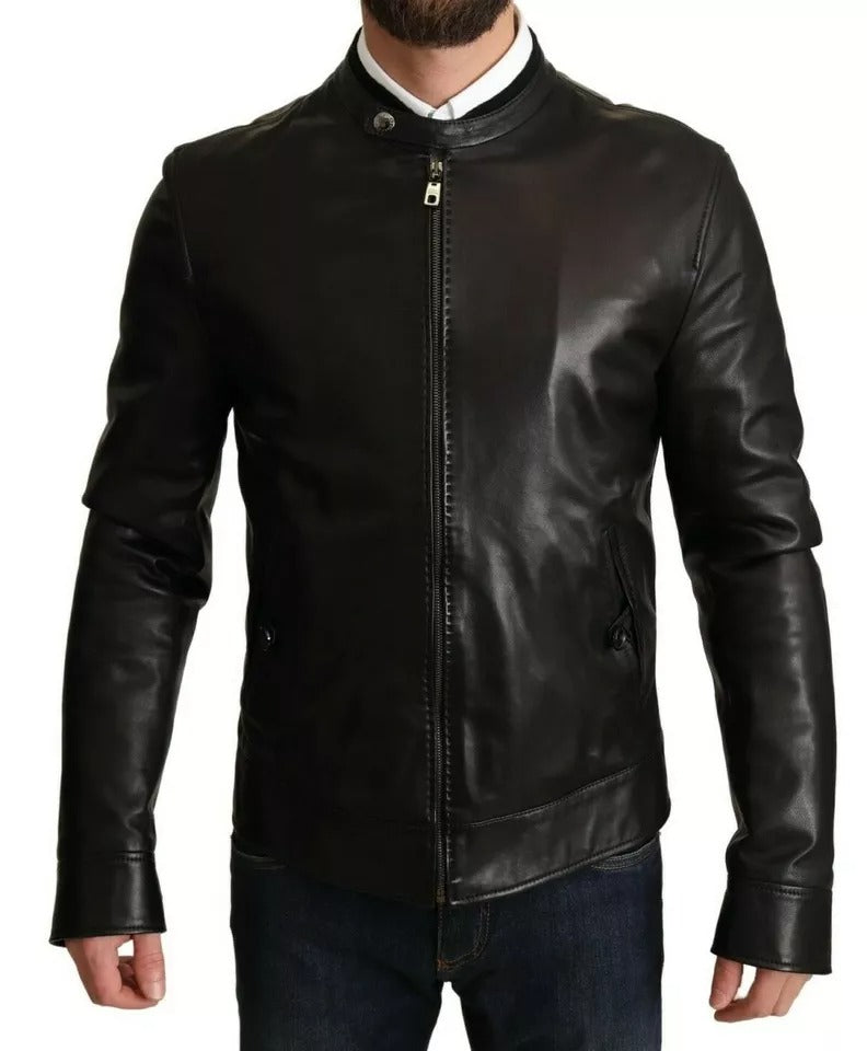 Dolce &amp; Gabbana Black Lambskin Leather Biker Coat Jacket