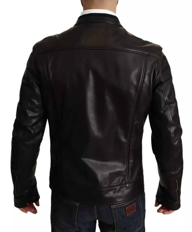 Dolce &amp; Gabbana Black Lambskin Leather Biker Coat Jacket